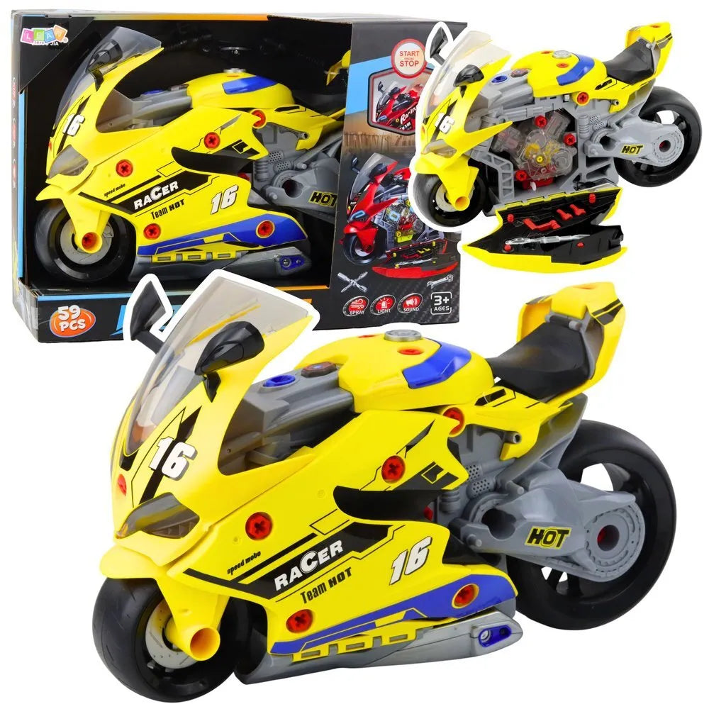 2in1 geltonas motociklas su dirbtuvėmis